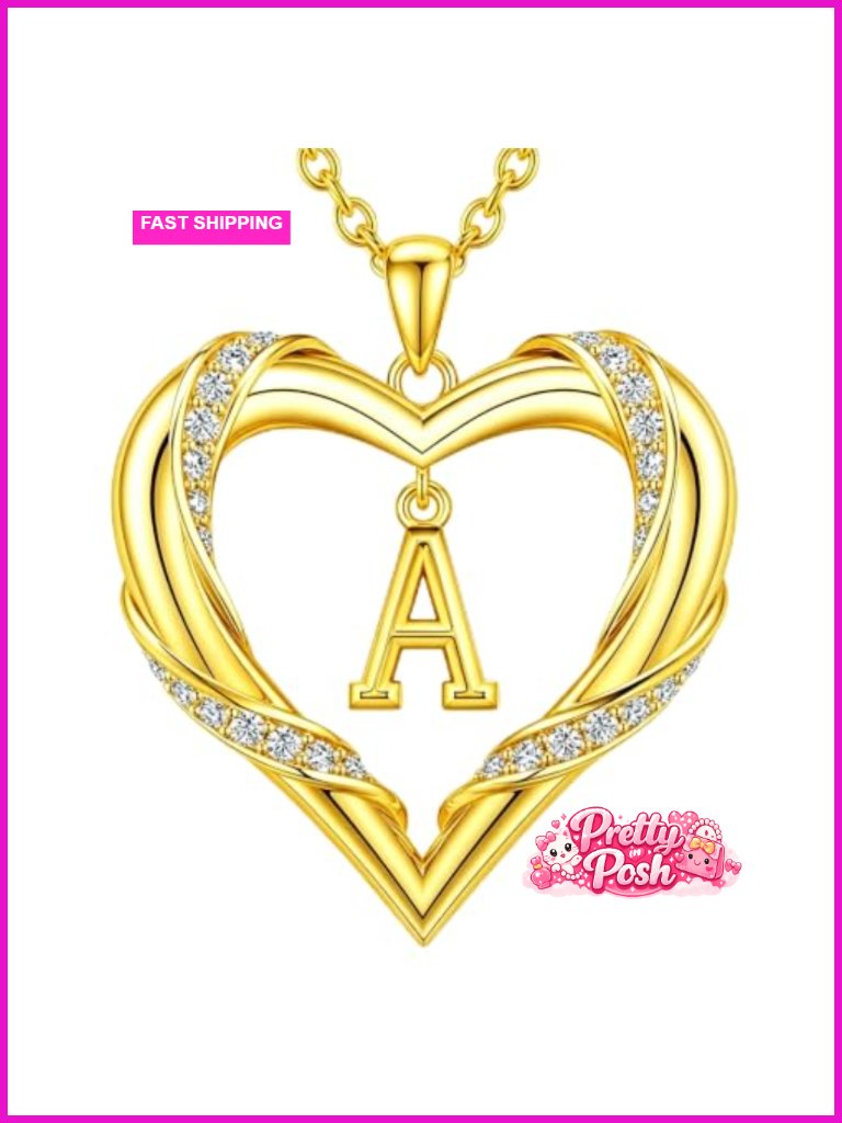18k Gold Initial Heart Pendant Necklace For Women